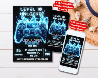 Editable Blue Video Game Birthday Party Invitation, Printable Gamer Bday Invite, Gaming Evite Template, Level Unlocked Birthday Party Invite
