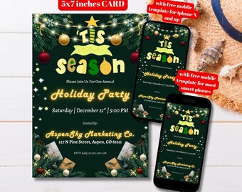 Editable Tis The Season Green Christmas Party Invitation Template, Printable Elegant Green & Gold Corporate Holiday Party Invite, Xmas Party