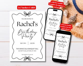 Editable Minimalist Coquette Bow Frame Birthday Party Invitation Template, Printable Black White Party Invite, Classy Black Bow Bday Invite