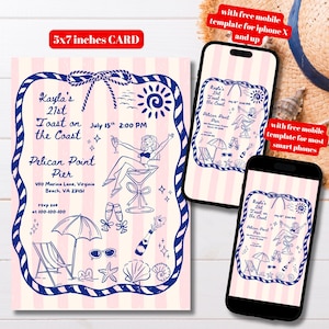 Editable Blue and Pink Coastal Beach Birthday Party Invitation Template, Printable Hand Drawn Beach Party Invite, Summer Tropical Birthday