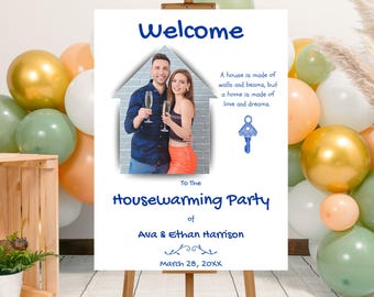 Editable Blue Photo Welcome Sign Template for Housewarming Party, Printable Housewarming Party Welcome Board, Housewarming Party Decor Canva