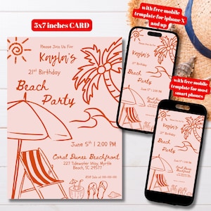 Editable Hand Drawn Beach Birthday Party Invitation Template, Printable Handwritten Coastal Nautical Birthday Invite, Illustrated Beach Bday