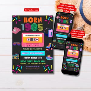 Editable 1985 40th Birthday Party Invitation Template, Printable Neon 80's Bday Party Invite, 80s Bday Party Invite, Vintage 40th Bday Party