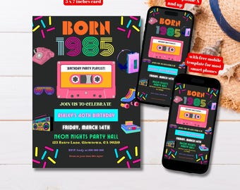 Editable 1985 40th Birthday Party Invitation Template, Printable Neon 80's Bday Party Invite, 80s Bday Party Invite, Vintage 40th Bday Party
