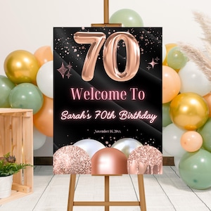 Editable 70th Birthday Party Welcome Sign Template, Printable Rose Gold Glittery 70th Birthday Welcome Poster, Rose gold Birthday Banner