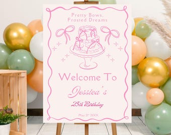 Editable Pink Vintage Cake with Coquette Bows Birthday Party Welcome Sign Template, Printable Retro Cake Party Poster, Coquette Cake Board
