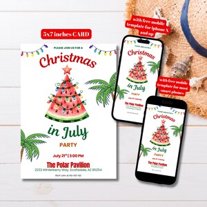 Bearbeitbarer Wassermelonen-Weihnachtsbaum Weihnachten im Juli Party Einladung Vorlage, druckbare Wassermelone Juli Weihnachten einladen, Weihnachtssommer