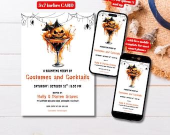 May include: A Halloween-themed invitation card, 5x7 inches, with a cocktail glass design featuring a jack-o'-lantern. The text reads "A Haunting Night of Costumes and Cocktails" on October 31st. Includes mobile templates.