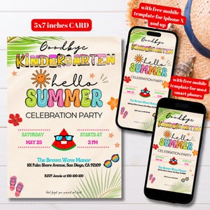 Plantilla de invitación editable para fiesta de despedida de jardín de infantes y hola verano, invitación imprimible para fiesta de fin de clases, celebración del último día de clases