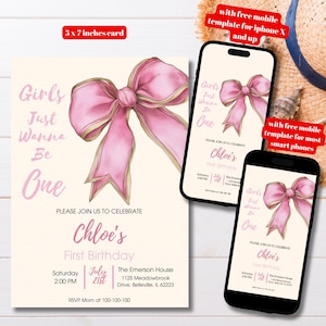 Editable Girls Just Wanna Be One Birthday Invitation Template, Printable Pink Coquette Bow First Bday Invite, Girls First Birthday Invite