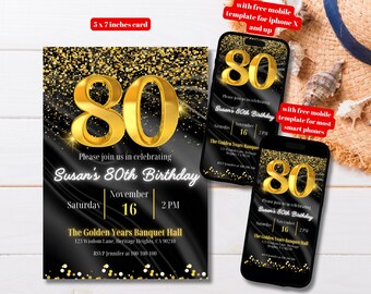 Editable Black Gold Glitter 80th Birthday Invitation Template, Printable 80th Birthday Party Invitation, 80th Bday Invitation Gold