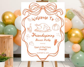 Editable Hand Drawn Friendsgiving Party Welcome Sign Template, Printable Whimsical Thanksgiving Party Sign, Thanksgiving Welcome Sign Canva