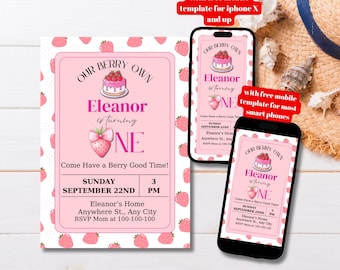 Editable Strawberry Birthday Invitation Template, Printable Berry First Birthday Invite Template, Pink Strawberry First Bday Girl Invite