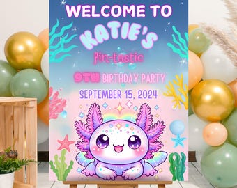 Editable Pink Axolotl Birthday Party Welcome Sign Template, Printable Pink Axolotl Bday Party Welcome Poster, Axolotl Bday Party Welcome