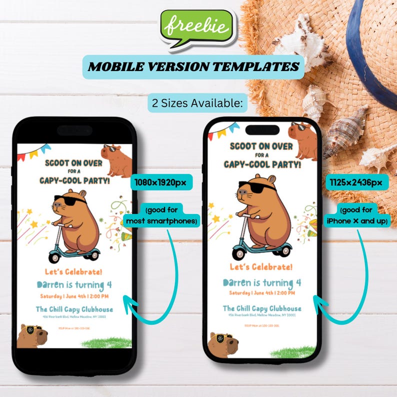 K&ouml;nnte beinhalten: Zwei Handy-Bildschirm-Mockups, die eine Geburtstagseinladung f&uuml;r ein Kind namens Darren zeigen. Die Einladung zeigt ein Cartoon-Capybara, das einen Roller f&auml;hrt, mit dem Text "Scoot on over for a Capy-Cool Party!" und "Let's Celebrate! Darren is turning 4. Saturday June 4th 1:00 PM. The Chill Capy Clubhouse". Die Mockups zeigen die Einladung in zwei verschiedenen Gr&ouml;&szlig;en: 1080x1920px (gut f&uuml;r die meisten Smartphones) und 1125x2436px (gut f&uuml;r iPhone X und h&ouml;her).