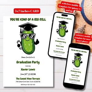 Modello modificabile per invito di laurea "Kind of a Big Dill", invito stampabile per festa di laurea con cetriolini sottaceto, divertente biglietto di laurea con cetriolini sottaceto