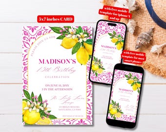 Editable Lemon Birthday Invitation Template, Printable Pink Lemonade Birthday Party Invite, Mediterranean Pink Lemon Birthday Invitation