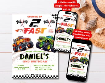 Bearbeitbar 2 schnelle Monster Truck Geburtstagseinladung, 2 schnelle Monster Truck Einladung, Monster Truck Bday einladen, Monster Truck 2nd Bday einladen