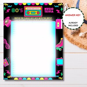 May include: A black and neon-coloured 80's themed music trivia game. The game includes a list of questions to match classic 80's hits with the artist. The answer key is already included. The game features a cassette tape, roller skate, and other 80's themed graphics.