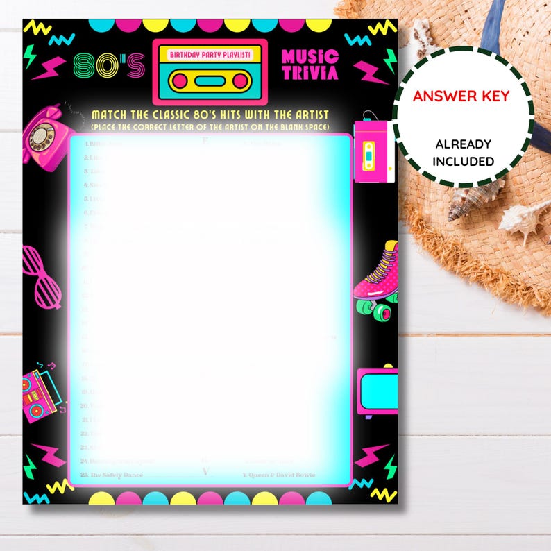 May include: A black and neon-coloured 80's themed music trivia game. The game includes a list of questions to match classic 80's hits with the artist. The answer key is already included. The game features a cassette tape, roller skate, and other 80's themed graphics.