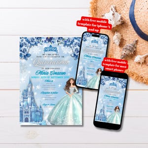 Editable Snow Castle Ice Princess Quinceanera Invitation Template, Winter Floral Princess Quinceañera Invitation, Winter Mis Quince Anos