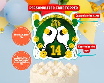 Personalized Green and Yellow Pickleball Birthday Party Cake Topper, Custom Racquet Club Party Cake Decor, Pickle ball Tournament Toppers
