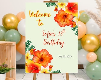 Editable Hibiscus Floral Birthday Party Welcome Sign Template, Printable Summer Floral Party Poster, Tropical Flowers Bday, Spring Floral