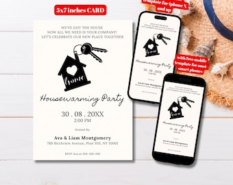 Editable Minimalist Housewarming Party Invitation Template, Digital Black and White Housewarming Invite, New Home Party Invite