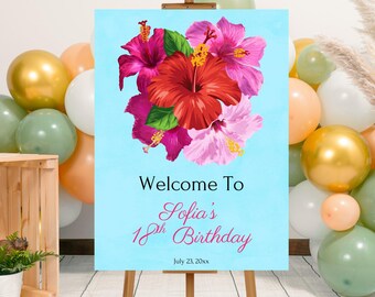 Editable Hibiscus Flowers Floral Birthday Party Welcome Sign Template, Printable Summer Floral Party Poster, Tropical Flower Birthday Sign