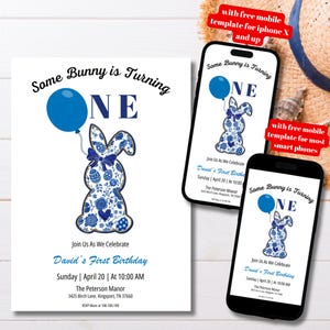 Editable Some Bunny is Turning One Birthday Party Invitation Template, Printable Chinoiserie Blue Bunny First Bday Party Invite, 1st Bday