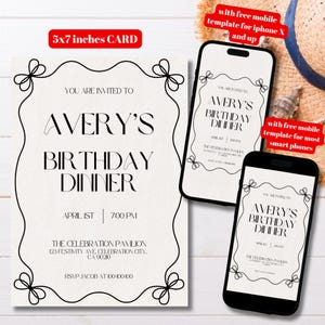 Editable Minimalist Bow Frame Birthday Invitation Template, Printable Classy Invite, Black Bow Bday Invitation, Black and White Bday Party