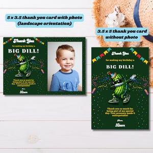Modello modificabile per biglietto di ringraziamento per compleanno a tema cetriolo sottaceto, biglietto di ringraziamento stampabile per compleanno a tema cetriolo sottaceto con foto, biglietto di ringraziamento per compleanno