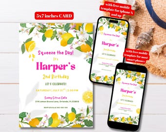 編集可能な「Squeeze the Day」誕生日招待状テンプレート、印刷可能な楽しい柑橘系誕生日招待状、レモネード誕生日招待状、レモン誕生日招待状