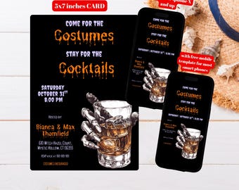 Editable Costumes and Cocktails Adult Halloween Party Invitation Template, Printable Cocktail Party Evite, Costume Party Invite, Halloween