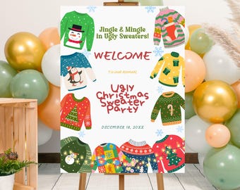 May include: A wooden easel displays a white sign with colorful illustrations of ugly Christmas sweaters. The sign reads "Jingle & Mingle in Ugly Sweaters!" and "Ugly Christmas Sweater Party" with the date December 18, 20XX.