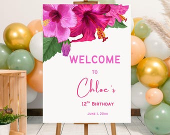 Editable Tropical Hibiscus Birthday Party Welcome Sign Template, Printable Tropical Floral Birthday Welcome Poster, Hibiscus Birthday Sign