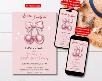 Editable Pink Coquette Cherry Birthday Party Invitation Template, Printable Cherry Bday Invitation Coquette Girl, Cherry 20th Bday Invite