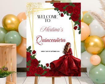 Plantilla editable de letrero de bienvenida para fiesta de quinceañera con rosas rojas y detalles dorados, cartel imprimible para el cumpleaños de Mis Quince 15 Años 16.