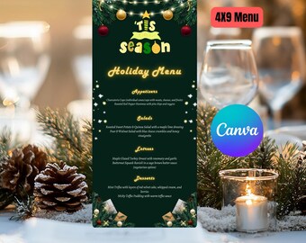 Könnte beinhalten: Eine dunkelgrüne Festtagskarte mit goldenem Text und festlichen Dekorationen. Die Speisekarte umfasst Vorspeisen, Salate, Hauptgerichte und Desserts. Der Text "'Tis Season" und "Holiday Menu" sind prominent dargestellt. Die Speisekarte ist im Format 4x9.