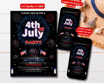 Bearbeitbare 4. Juli Party Einladung Vorlage, druckbare Einladung zum Unabhängigkeitstag, Party in den USA Evite, Feuerwerk Feier einladen