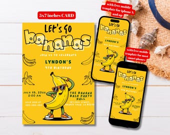 Bearbeitbare Let's Go Bananen Geburtstagseinladungsvorlage, druckbares Obstthema einladen, Bananen-Geburtstagsfeier-Einladung, Lets Go Bananen
