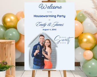 Plantilla de cartel de bienvenida para inauguración de casa con foto editable, póster imprimible de bienvenida azul para fiesta de inauguración de casa, tablero de bienvenida para fiesta de nueva casa en Canva