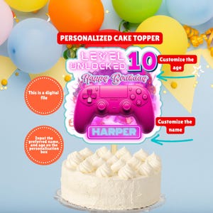 Personalized Pink Video Game Birthday Cake Topper, Custom Gamer Girl Bday Party Topper, Level Unlocked Bday Cake Decor, Level Up Pink Gamer