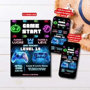 Editable Video Game Birthday Party Invitation Template for Twins, Printable Twin Boys Video Game Bday Invite, Double Bday Party Invitation