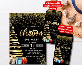 Editable Black Gold Christmas Party Invitation Template, Printable Gold Christmas Party Invitation, Christmas Glam Party Invitation