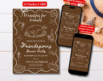 Bewerkbare uitnodiging voor een Friendsgiving-diner, printbare uitnodiging voor een Thanksgiving-diner met vrienden, handgetekende uitnodiging voor een Friendsgiving-diner