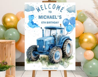 Bearbeitbares Blaues Traktor-Geburtstagsfeier-Willkommensschild-Vorlage, druckbares Traktor-Bday-Willkommensplakat, Bauernhof-Geburtstagsfeier-Yard-Zeichen