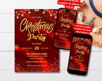 Editable Red and Gold Christmas Party Invitation Template, Elegant Red Christmas Printable Invite, Red Holiday Party Invitation, Red Xmas