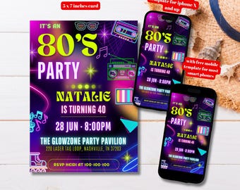 Editable 80s Neon Glow Birthday Party Invitation Template, Printable Back to the 80s Retro Birthday Invite, Neon Party Invite, Glow Party