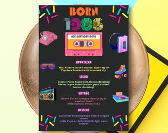 Modello modificabile di menu di compleanno anni '80, carta da pranzo stampabile per festa al neon con cassetta Milestone Born 1986, tema di compleanno anni '80